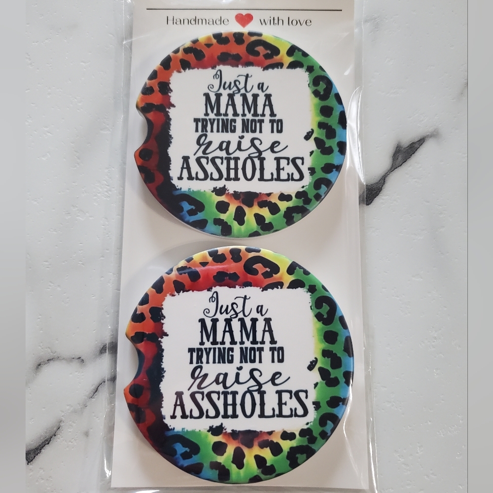 Just a MAMA TRYING Set Of 2 Ceramic Car Coasters Funny
